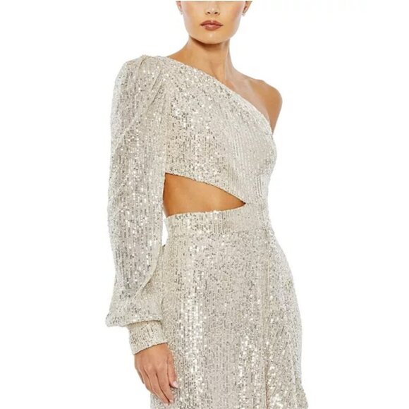 NWT Ieena for Mac Duggal Dress Silver One Shoulder Sequin Gown Slit Formal - Picture 4 of 13